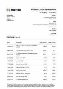 Monzo  UK Bank Statement Fully Editable PSD Template