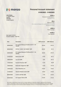 Monzo  UK Bank Statement Fully Editable PSD Template